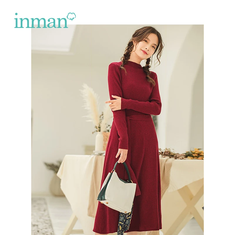 

INMAN Winter New Arrival Female Elegant Fit Slim Waist Long Sleeve Woman Knitting Dress