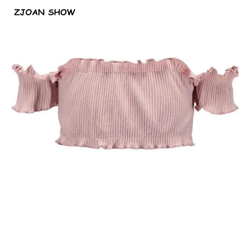 

Sexy Ruffles Elastic Slash Neck Tee 2018 Summer Women Print off shoulder Hollow Out Short Sleeve Short T-shirt crop top 9 colors