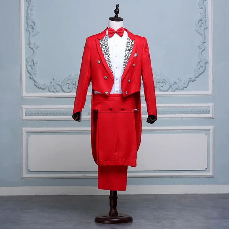Oeak, мужской официальный костюм-смокинг, классический черный, белый, красный фрак, смокинг, модные свадебные костюмы для жениха, мужские костюмы для выпускного, сценический костюм - Цвет: red2