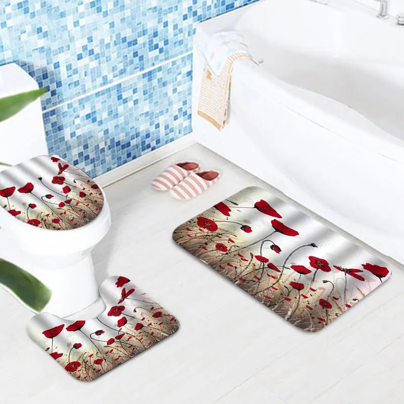 Billig 4 Pcs Tinte Malerei Dusche Vorhang Bad Teppich Set Bad Matte Blume Wasserdichte Polyester Stoff Badezimmer Dusche Vorhang Set