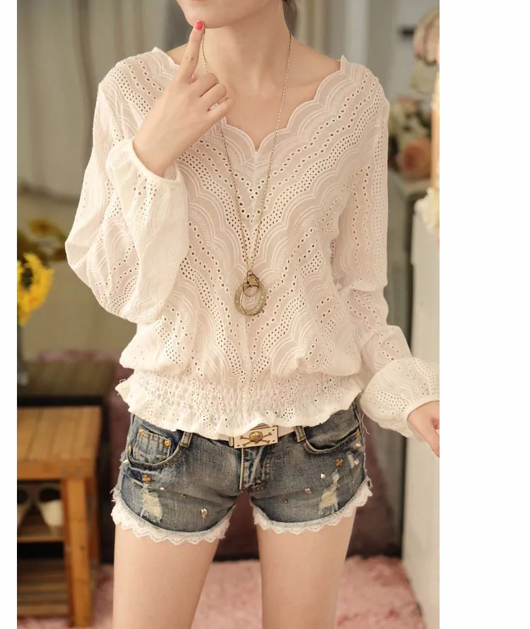 Blusas Femininas 2016 Spring Autumn Women Fashion Plus Size Hollow out Lace Blouse Long Sleeve Sexy Loose White Tops Shirt A602 f