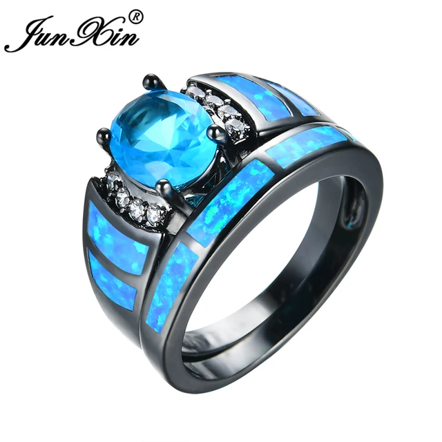 Junxin Fashion Women Water Blue Ring Set Fire Opal Wedding Junxin Fashion Women Water Blue Ring Set Fire Opal Wedding Black Gold Filled Zircon Jewelry