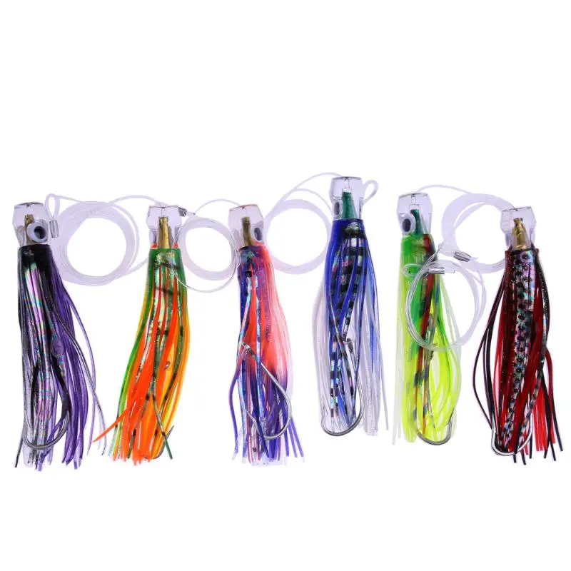 

6pcs Pusher style Marlin Tuna Mahi Dolphin Durado Wahoo Trolling skirt Lures Rigged and bag Color Random
