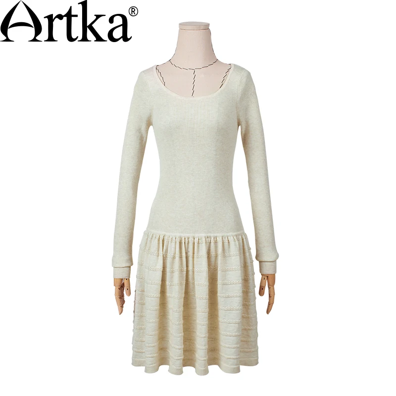 ARTKA, женское осеннее Новое приталенное трикотажное платье 3 цветов, винтажное платье трапециевидной формы с круглым вырезом и длинным рукавом, подходит ко всему, LB15655Q