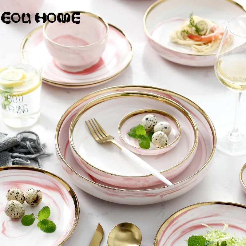 

8 Pcs/set Creative Marble Pattern Nordic Ceramic Phnom Penh Home Dinner Dish Plate Rice Salad Noodle Bowl Soup Plates Dinnerware