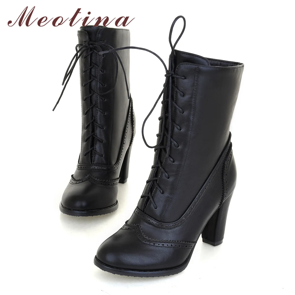 Meotina/женские ботинки до середины икры ботинки черного цвета женские зимние ботинки на шнуровке с острым носком на толстом высоком каблуке бежевый цвет, большие размеры 9, 10, 43
