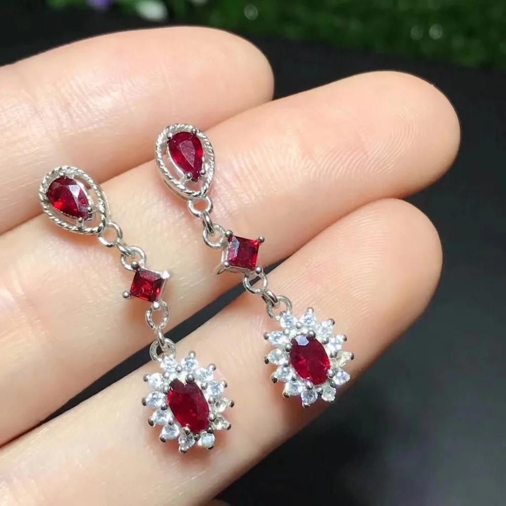 personality water drop Tassels long natural red ruby stone drop earrings s925 silver Natural gemstone earring women for wedding