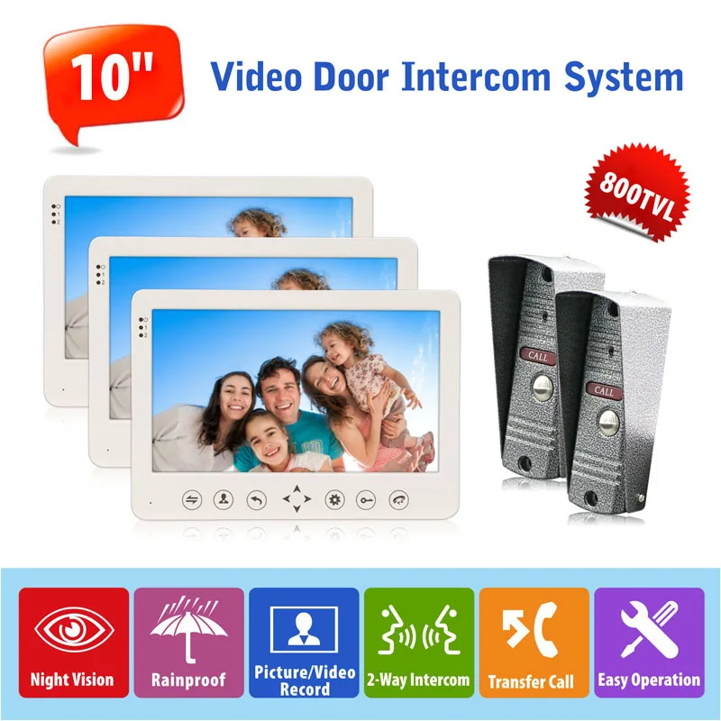 

10" TFT Wired Video Door Phone Home Entry Intercom System Doorbell Camera Systems 2 Security Camera Night Vision 3 Monitors