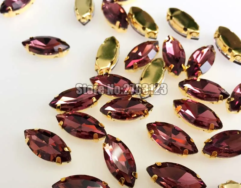 Factory sales Wine red Horse eye shape Glass Crystal Gold bottom sew on claw rhinestones with holes diy Sewing On Garment 