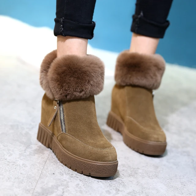 Botas de inverno de couro genuíno para mulheres, sapatos de pelúcia quente,  salto escondido, bota casual, botas de neve para senhoras, 2019 - AliExpress
