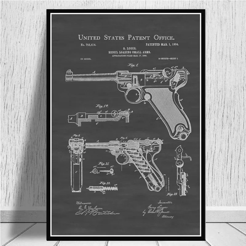 Постер и печать патентный пистолет Luger схема для пистолета современная живопись