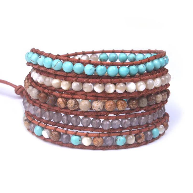 

5 Strands Natural Stone Bead Handmade Leather Bracelet Wrap Bracelet for women Drop Shipping New boho jewelry gift