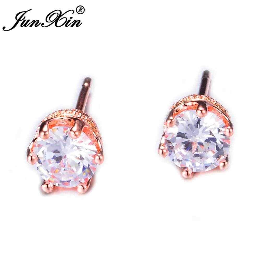 JUNXIN маленькие круглые серьги-гвоздики AAA кубический цирконий Свадебные серьги для женщин розовое золото/серебро ювелирные изделия аксессуары