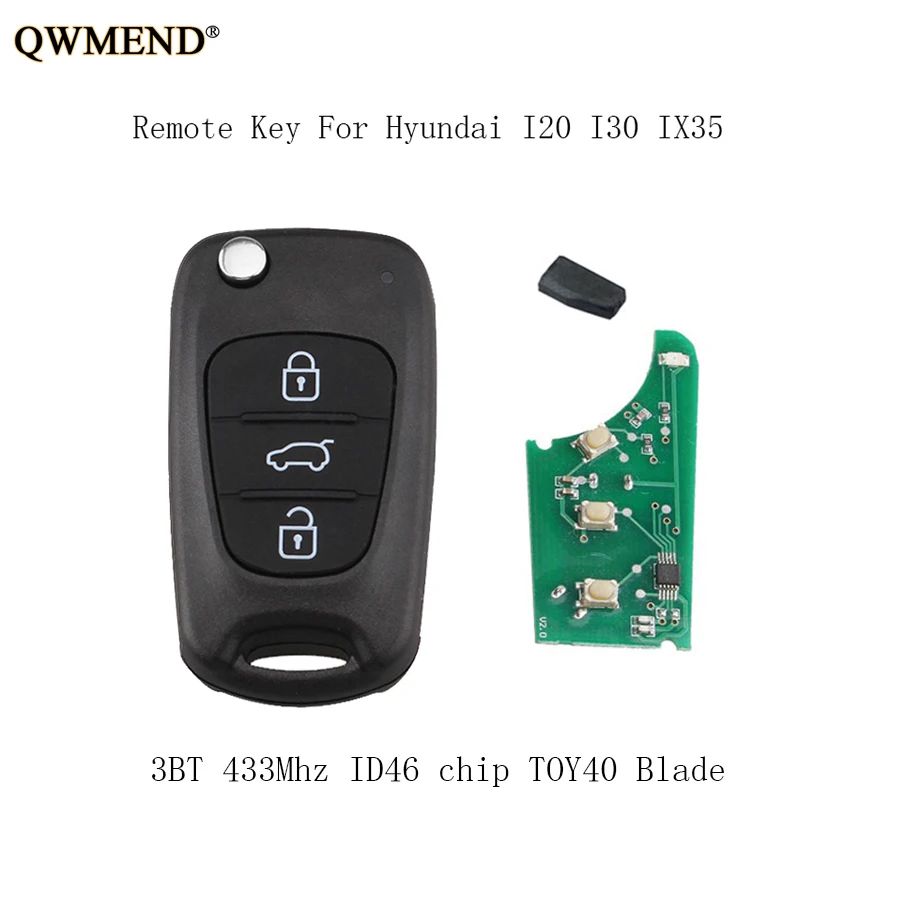

QWMEND 433Mhz Flip Complete Remote Key Fob DIY For Hyundai IX30 I20 I30 2008 2009 2010 2011 2012 keys ID46 chip&TOY40 Balde