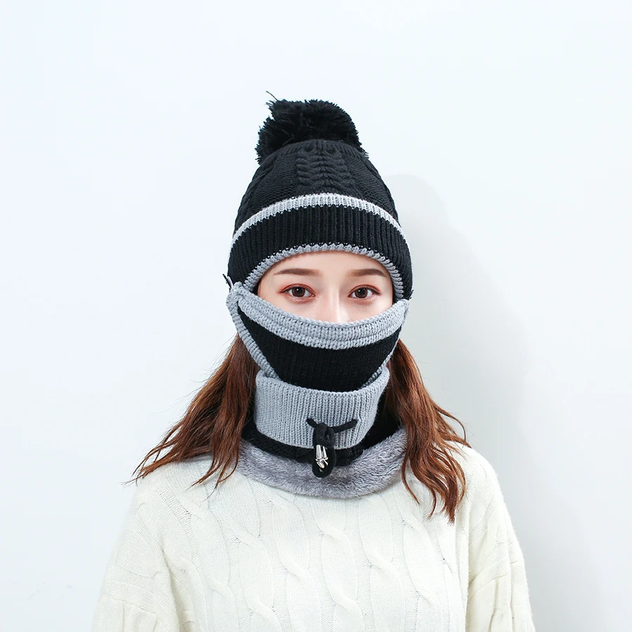 

Winter Women's Knitted Wool Warm Hat Caps Neck Collar Three PCS Set Motor Driver Windproof Beanies Hat Scarf Mask Set For Women