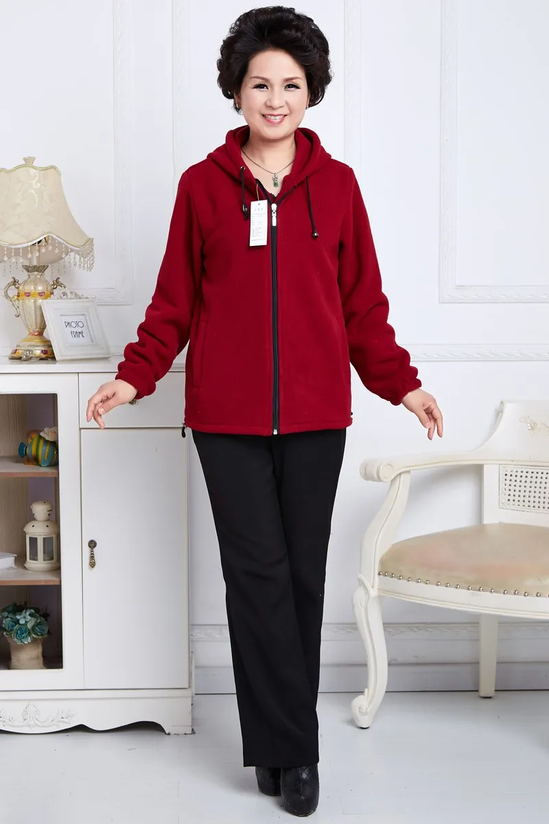 Spring Autumn Casual Ladies Hooded Warm Fleece Jackets Dark Red Blue Purple Gray Hood Coat Middle Aged Women Plus Size Overcoats 5XL (36)