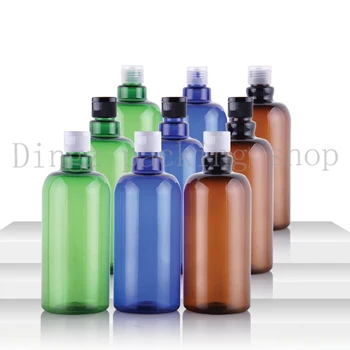

12pcs 500ml empty blue brown green cosmetic with white transparent black flip top lid 500cc plastic shampoo container