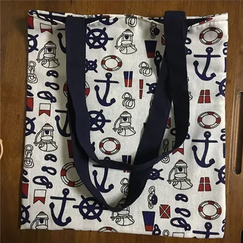 

YILE Lining Cotton Linen Shoulder Bag Eco Shopping Tote Anchor Rudder 705d