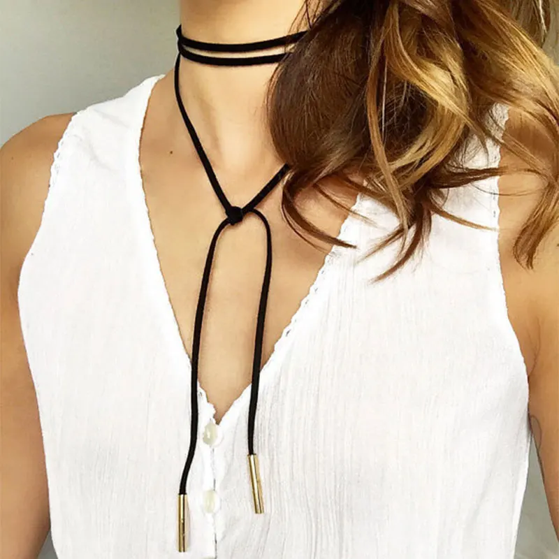 2016 New Fashion Long Black/Brown Velvet Choker Necklace Women Steampunk Gold/Rhodium Tube Collar Necklaces Ras De Cou F3916