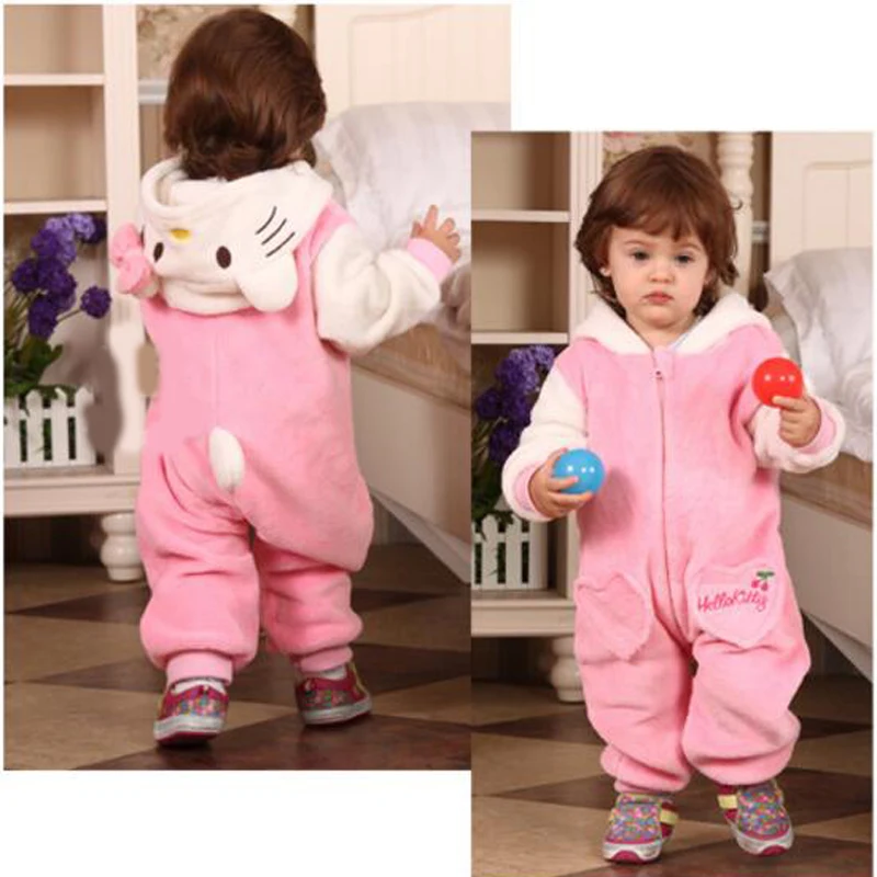 

Cute Autumn Winter fleece Baby Romper Long Sleeve Coverall Hooded Infant Jumpsuit with kitty hat for Toodler