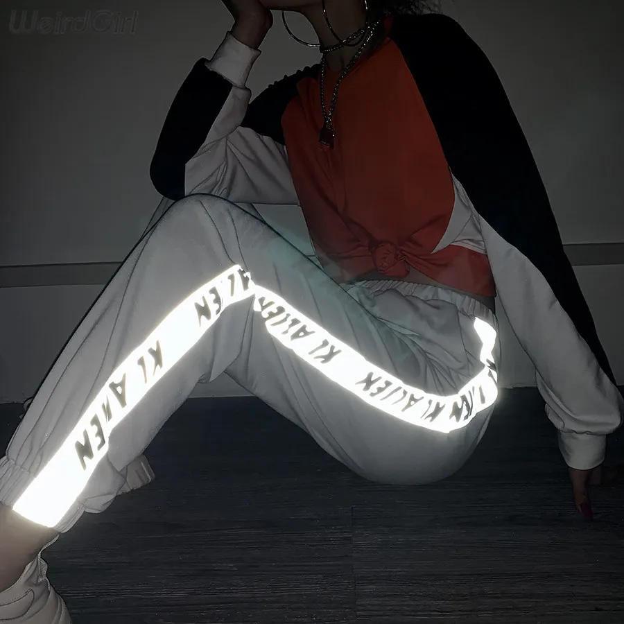 Weirdgirl women night reflective striped pants letter print workout high waist bottom female fashion street trousers new 2019 Weirdgirl women night reflective striped pants letter print workout high waist bottom female fashion street trousers new 2019