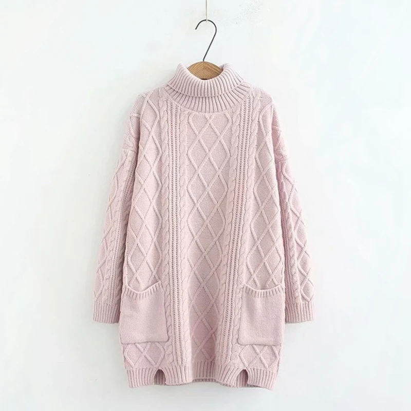 Thick Sweater for Autumn Winter Casual Women Plus Size Loose Long Sleeve Pockets Knitted Turtleneck Sweater Pullovers KKFY2909