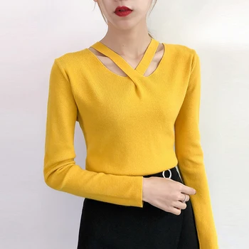 

2020 New Ladies Women Sexy Knitted Cross Neck Long Sleeveless Pullover Lady Sweater Fashion Autumn Winter Outfits Gray White
