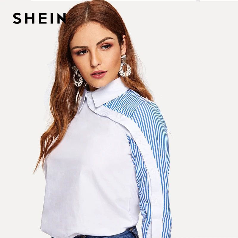  SHEIN White Striped Button Decoration Shirt Classy Blouse Women Summer Autumn Asymmetric Placket Tu