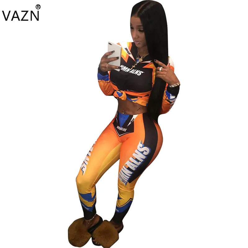 

VAZN Autumn 2019 High Street Sexy Hollow out 2018 Women 2 Piece Set Solid O-Neck Fulll Sleeve Full Length Tracksuit Set ARM8030