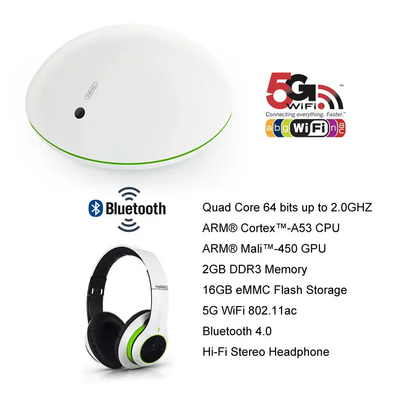 Inphic i7 плюс quad core android tv box 802.11 wi-fi bluetooth 4.0 коди iptv xbmc media player + inphic наушники |