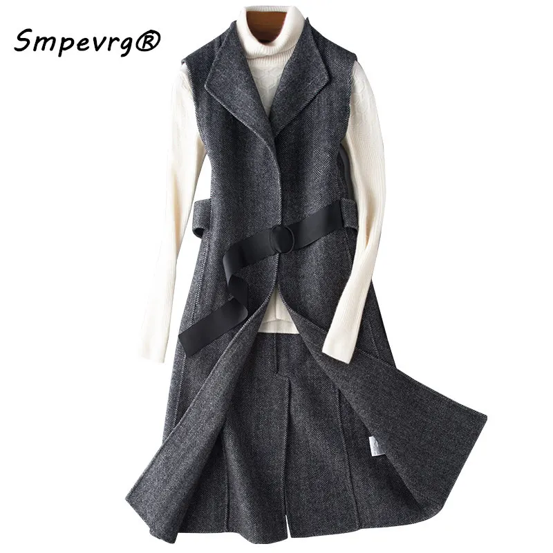 

Smpevrg NEW fashion waistcoat women long style turn-down collar waist sleeveless long vest jacket women outwear double fabric 18