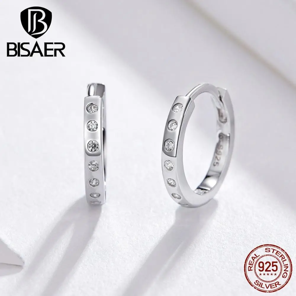 BISAER 925 пробы серебряные ослепительные циркониевые серьги-кольца простые минималистичные серьги для женщин подходят на все случаи жизни HVE101