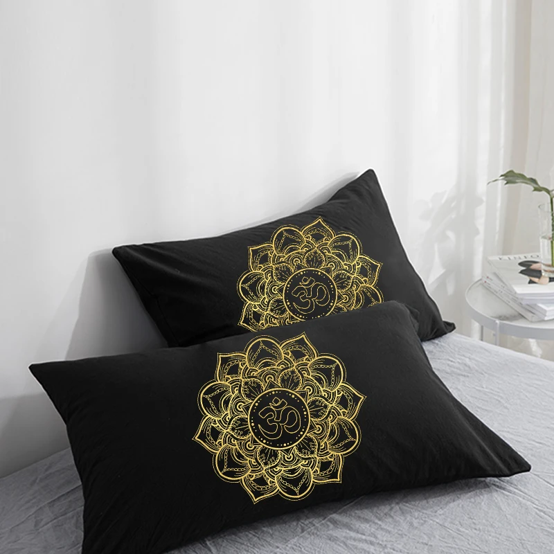 

Custom Pillow Case Pillowcase 50x70 50x75 50x80 70x70 Decorative Pillow Cover OM Round golden on Black Bedding Drop Shipping