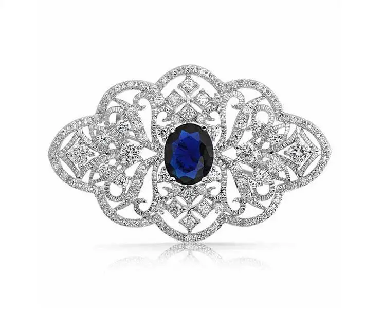 

2.2 Inch Vintage Look Clear Rhinestone Crystal Diamante Wedding Jewelry Brooch With Dark Blue Stone