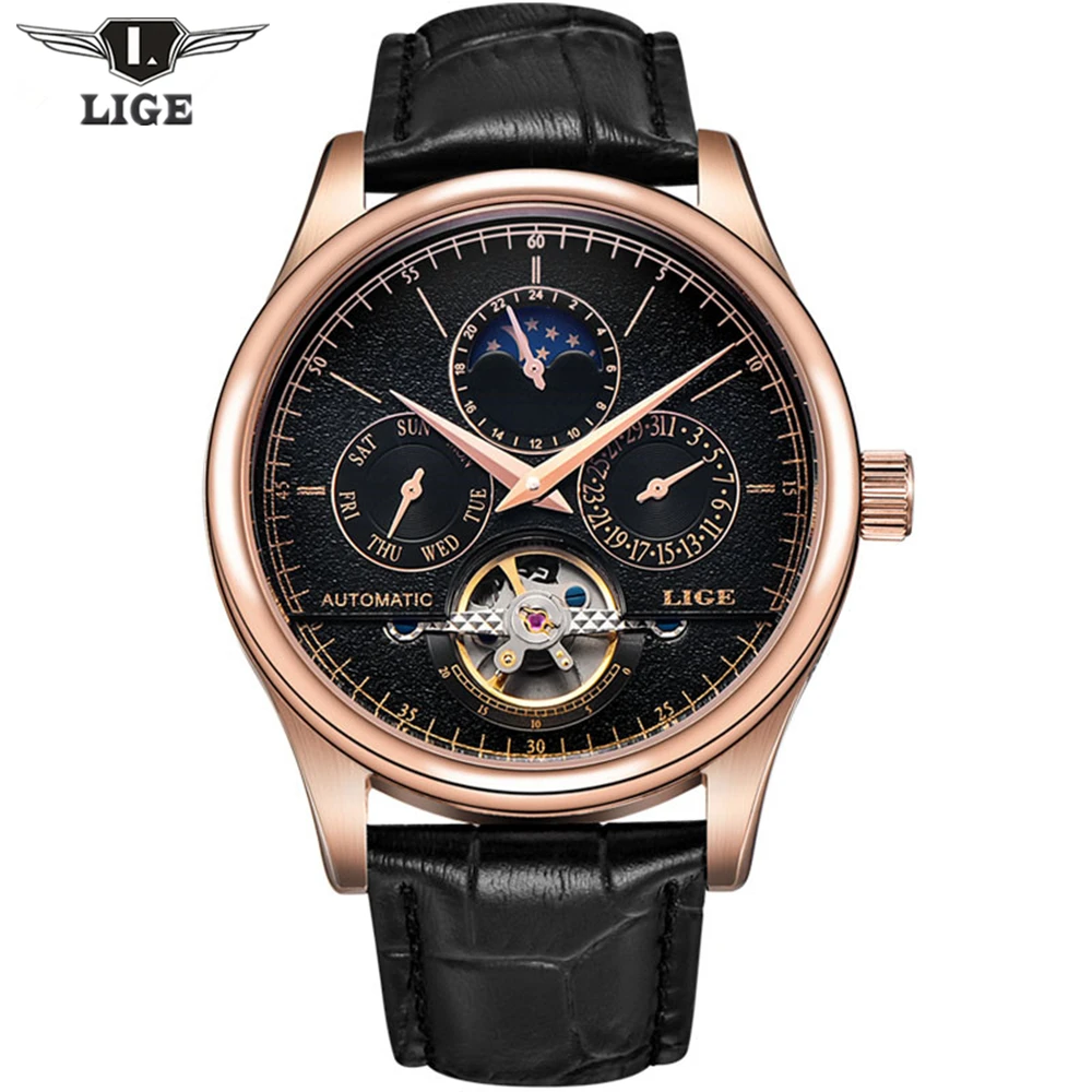 

2017 Casual Men Watches Luxury Top Brand LIGE Sport Watch Leather Gold Clock Men Tourbillon Automatic Wristwatch With Moon Phase