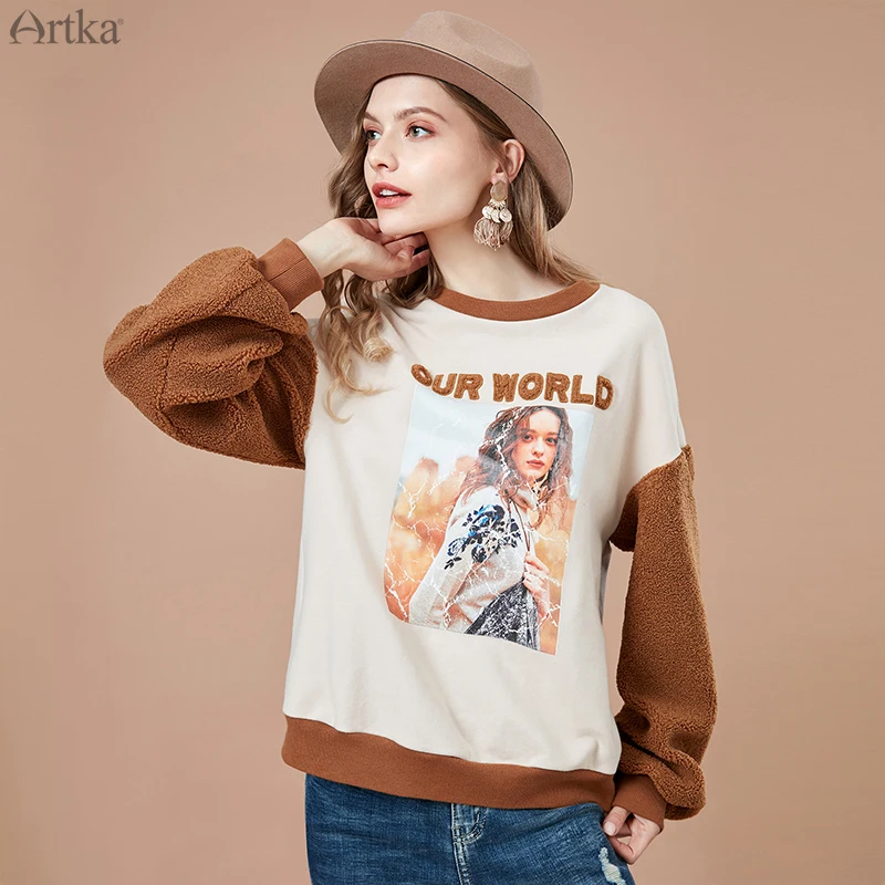 

ARTKA 2019 Autumn New Women Sweatshirt O-Neck Pullover Casual Sweatshirts Fashion Print Fleece Sleeve Women Sweatshirt VA10986Q