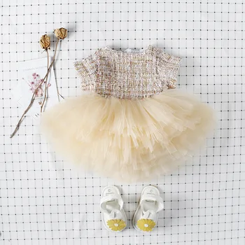 

Ins Sweet Toddler Baby Girls Crochet Tulle Party Dress Vintage Beige Color New Born Toddler Baby Birthday Dress