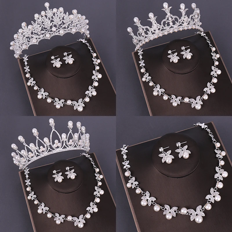 

Fashion Bridal Jewelry Sets Wedding Crown Necklace With Earrings Pearl Crystal Tiara And Crowns Hair Ornaments Women Accessories