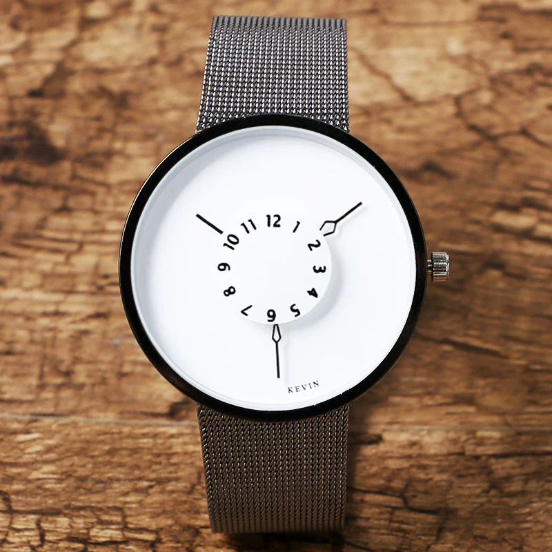 

HOT  Special Turntable White Dial Mesh Stainless Steel Band Strap Minimalist Men Simple Women Trendy Quartz Wrist Watches