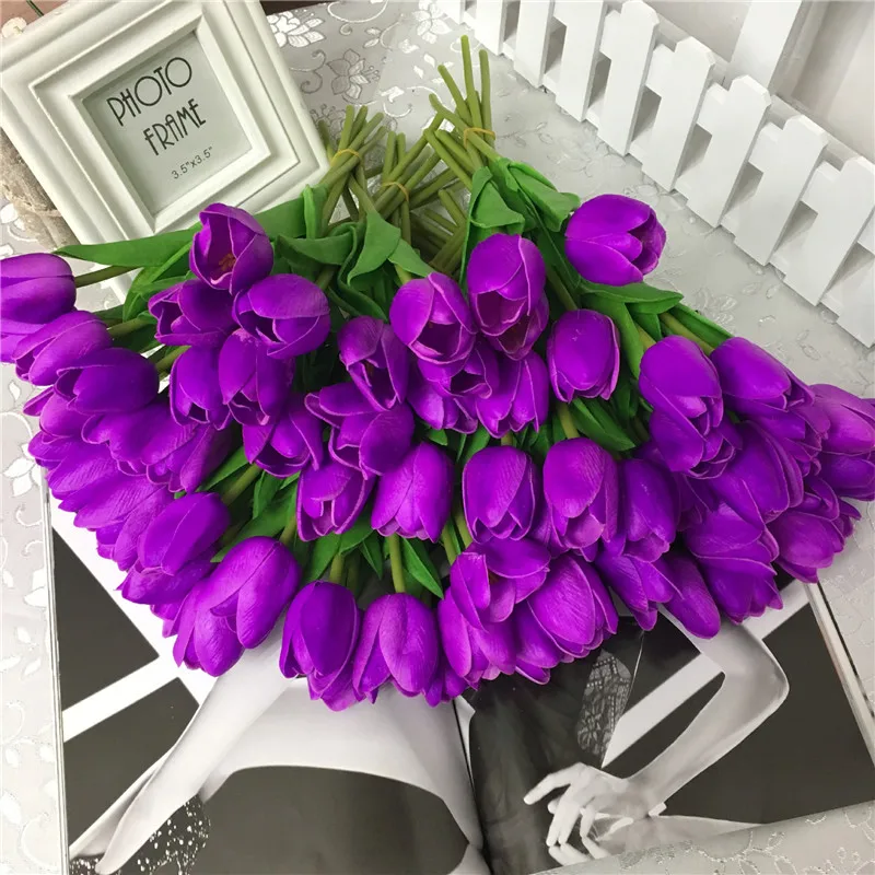 

High Quality 1pcs Purple Red Tulip Artificial Flowers Decorative Wedding Real Touch PU Bride Bouquet Home Decoration Fake Flower