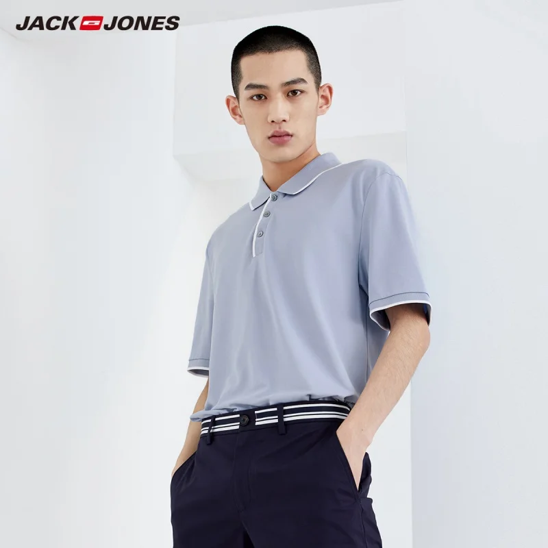 JackJones Мужская хлопчатобумажная трикотажная рубашка поло с короткими рукавами E | 219106511 - Цвет: FOG BLUE