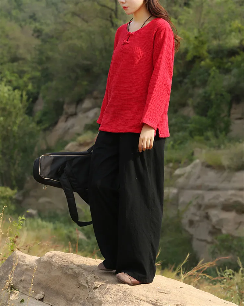Большие размеры S-6XL, женские хлопковые льняные повседневные однотонные рубашки с длинным рукавом в китайском стиле, топы больших размеров, женская одежда
