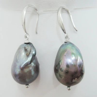 Черный жемчуг ювелирный набор ожерелье, браслет и серьги-925 серебряные серьги застежка-крючок, пресноводный жемчуг, черный барокко pearl14-25 мм - Окраска металла: EARRING