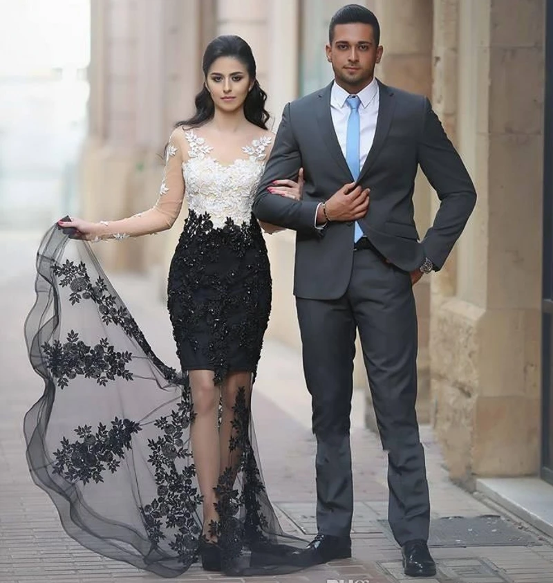 

Fashion V-Neck Long Sleeve Mermaid Evening Dresses 2019 Tulle Appliques Evening Gowns Prom Party Dresses Robe De Soiree
