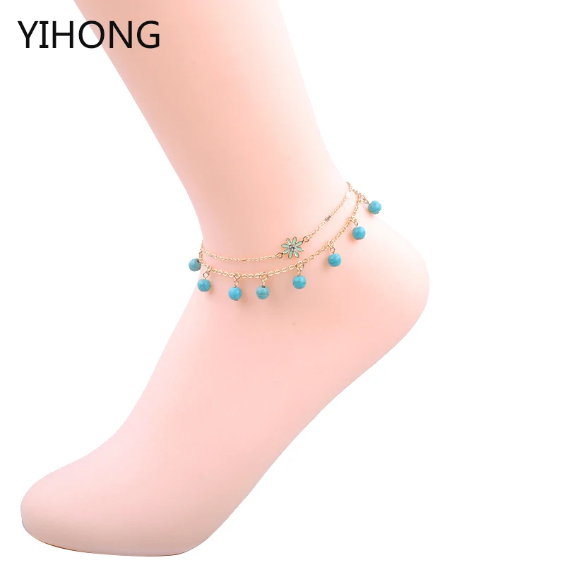New Arrival Double Chain Turquise Beads Pendant Anklet Foot For Woman Summer Bracelet Charm Anklets Jewelry Gift | Украшения и