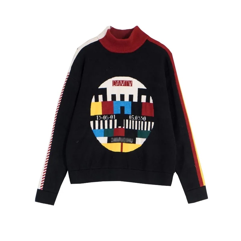 Осенне-зимний женский винтажный черный Свитер хлопковый трикотажный пуловер трикотажные топы геометрические утепленные свитера с высоким воротником - Цвет: Черный