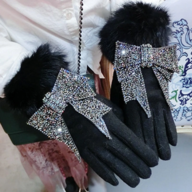 Элегантные женские зимние шерстяные перчатки с сенсорным экраном со стразами и бантом, меховые женские перчатки митенки, кашемировые двойные теплые перчатки Luva