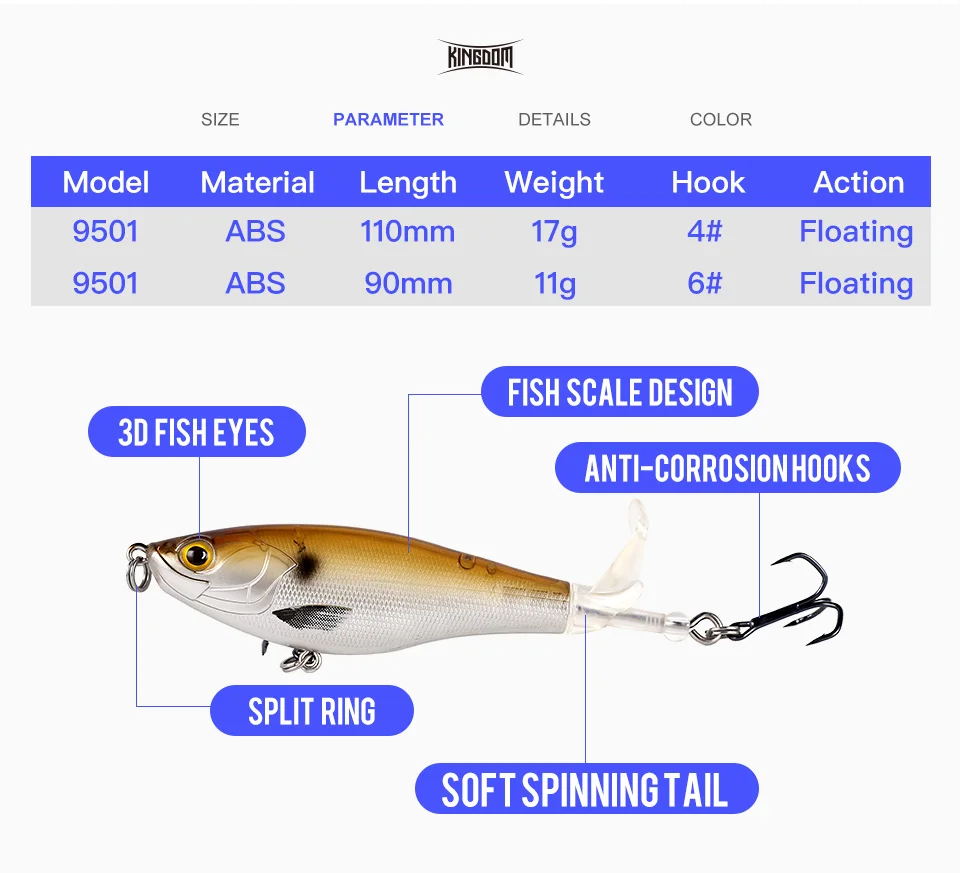Kingdom рыболовные приманки 110 мм 90 мм плавающие верхние приманки мягкие спиннинговые пропеллеры хвост KINGPOP карандаш рыболовные снасти 9501