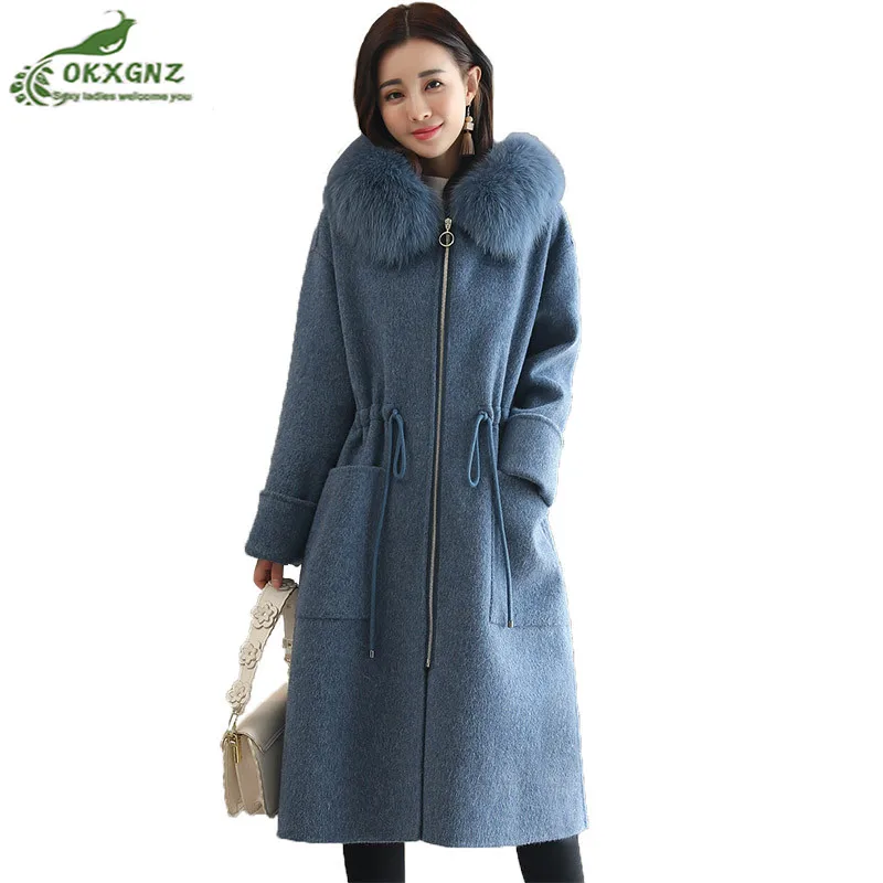 

Autumn winter new women loose hooded fur collar woolen coats large size medium-thick thickened knee-length woolen jacket OKXGNZ