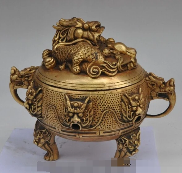 

S0572 9"marked chinese palace bronze dragon beast head statue incense burner Censer